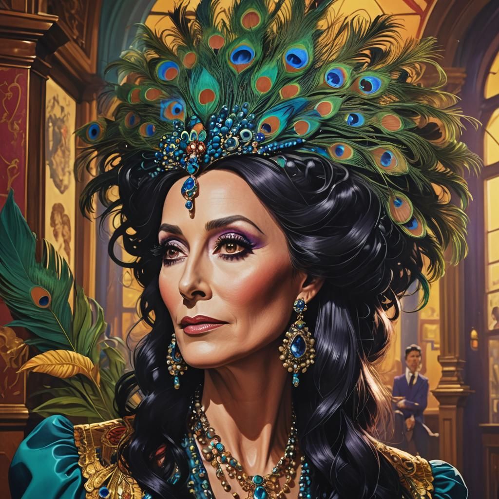 Cher as Mrs. Peacock: Hyperrealistic Digital Portrait