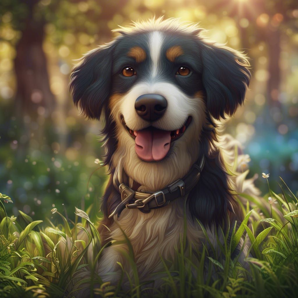 Cute Dog in Sunny Park, Detailed Matte Painting
