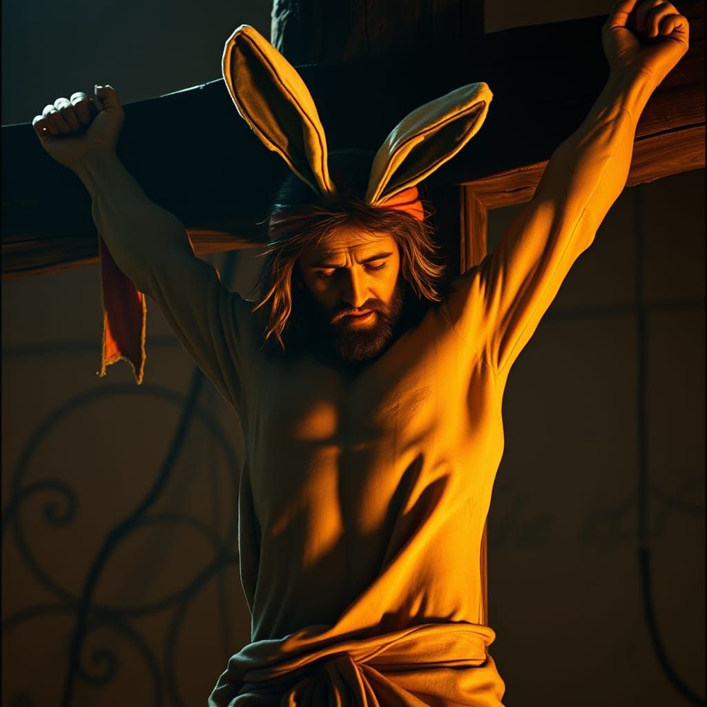 Jesus Christ in Distressed Easter Bunny Attire on Ancient Wo...