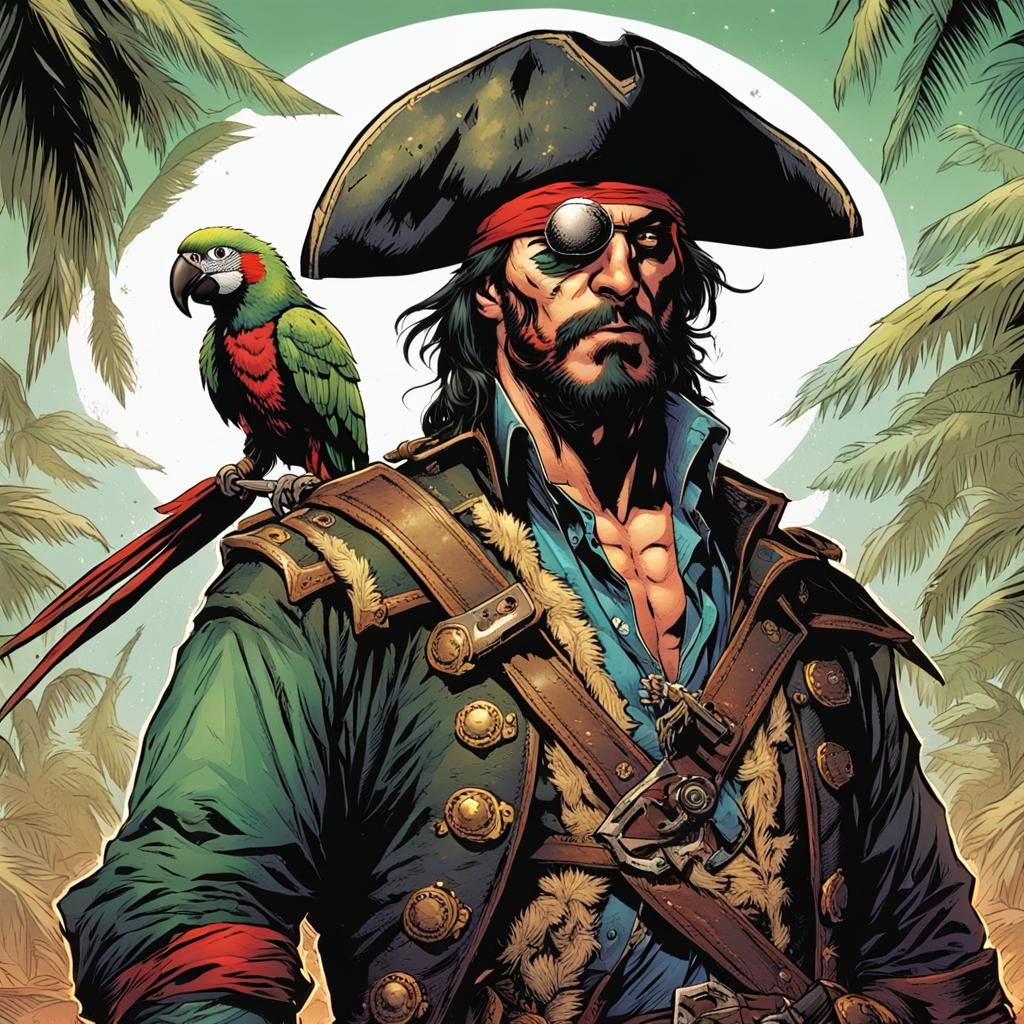 Pirate with Parrot in Comic Book Art Style
