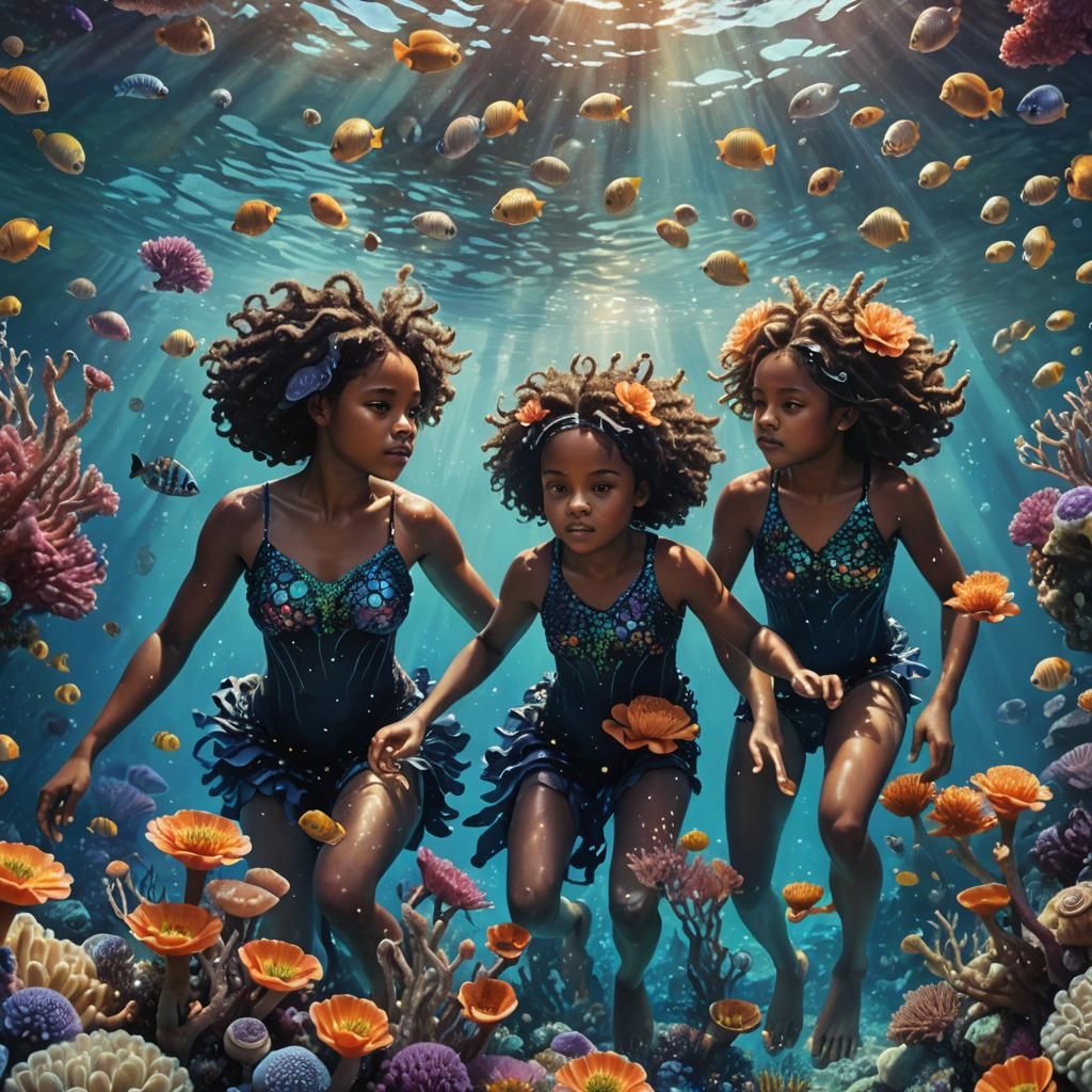 Oceanic Scene: Black Sisters in Turquoise Sea