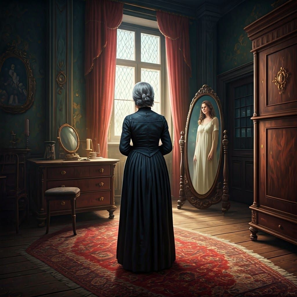 Old Woman's Mirrored Reflection in a Fantastical, Intricatel...