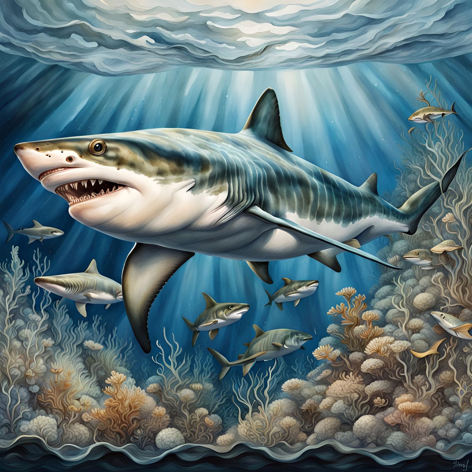 Hammerhead Shark Among Divers: Hyperrealistic Watercolor