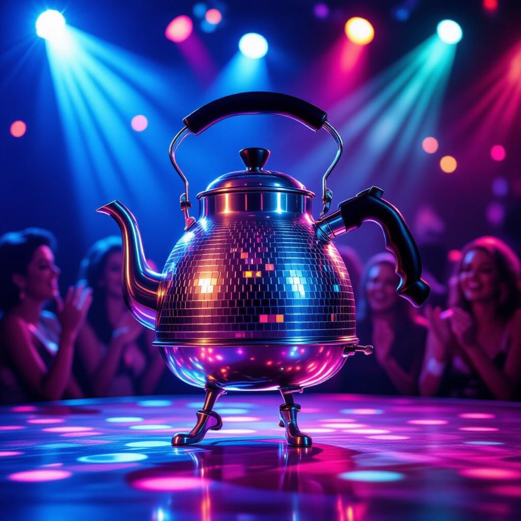 Whimsical Kettle Dancing in Disco Club