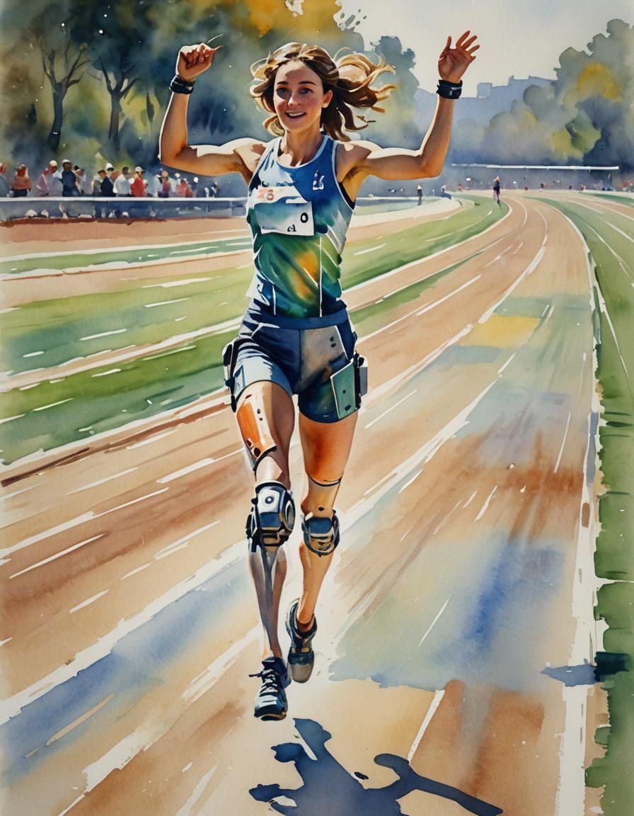Victorious Athlete with Prosthetic Leg in Watercolor Style