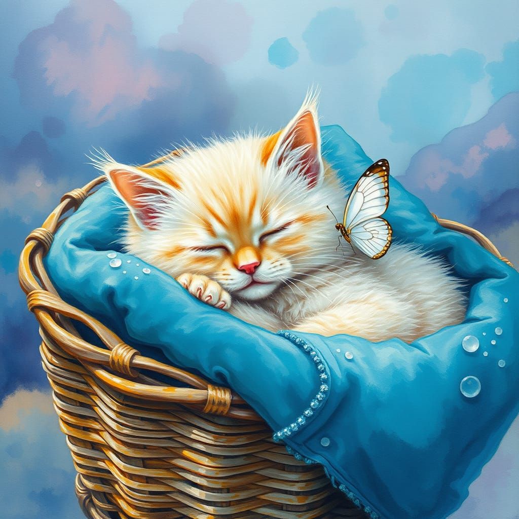 Dreamy Aquarelle Landscape with a Cream Cat in a Bamboo Bask...