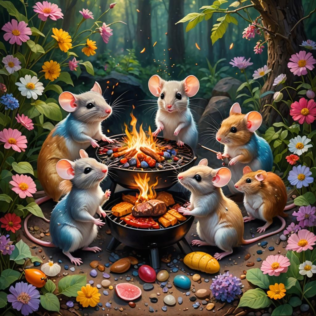 Charming Mice Barbecue in Forest, Oil Painting
