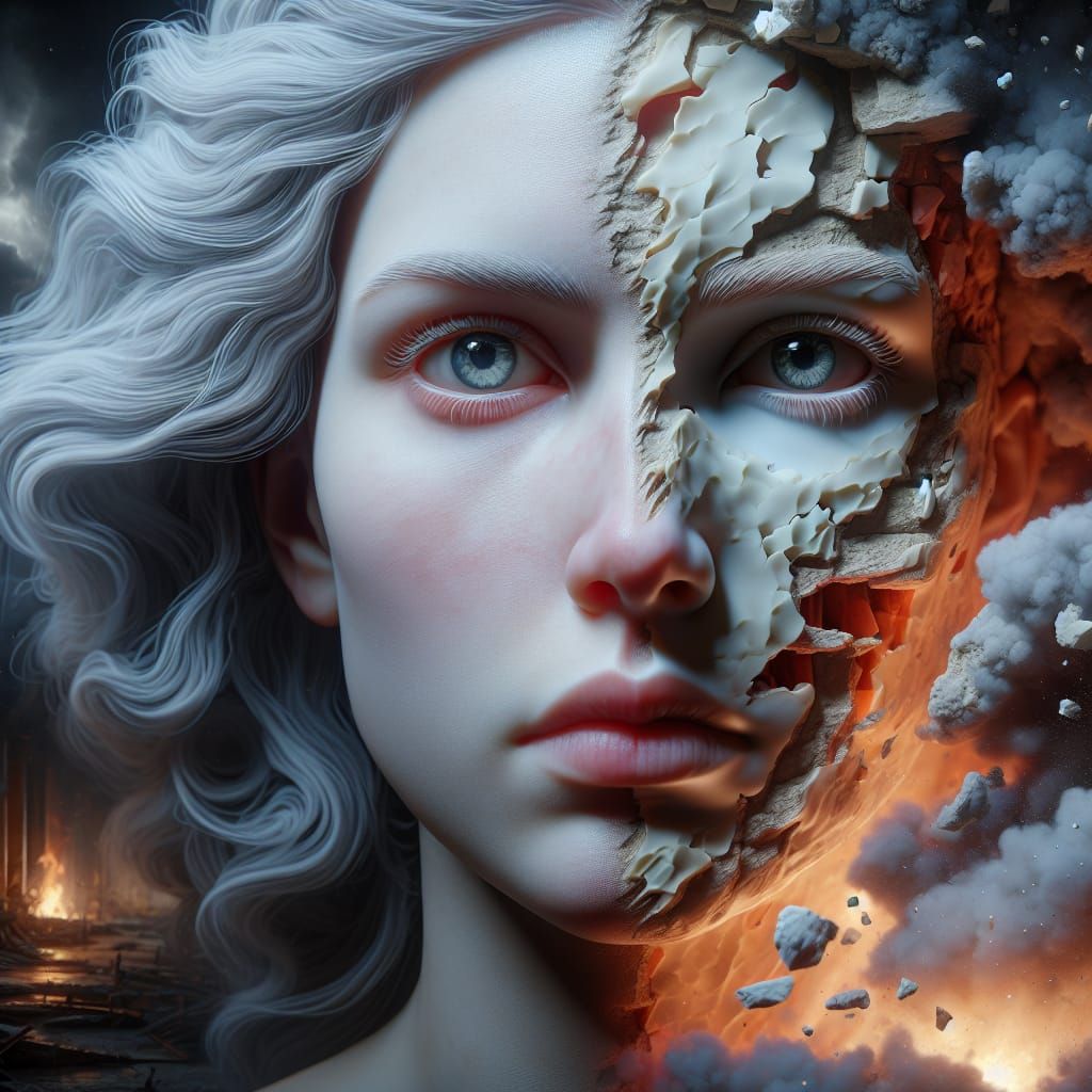 Half-Human, Half-Ceramic Face in Dark Fantasy 3D Oil Paintin...