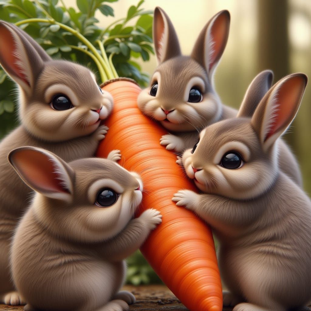 Adorable Bunnies Feast on a Massive Carrot in Whimsical Styl...