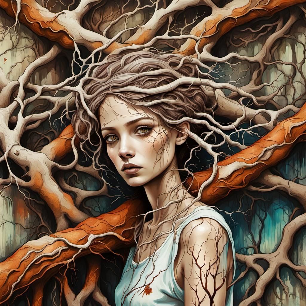 Vulnerable Girl Surrounded by Roots: Dreamy Street Art