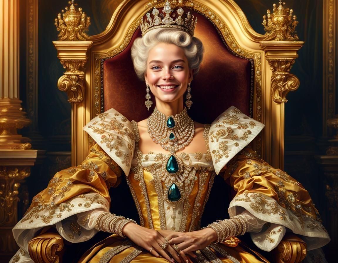 Baroque Queen on Throne: Hyperrealistic Digital Oil Painting
