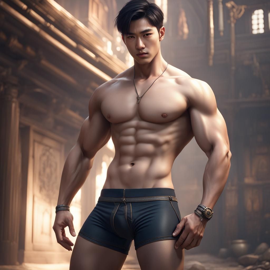 Handsome Korean Man in Underwear: Digital Art
