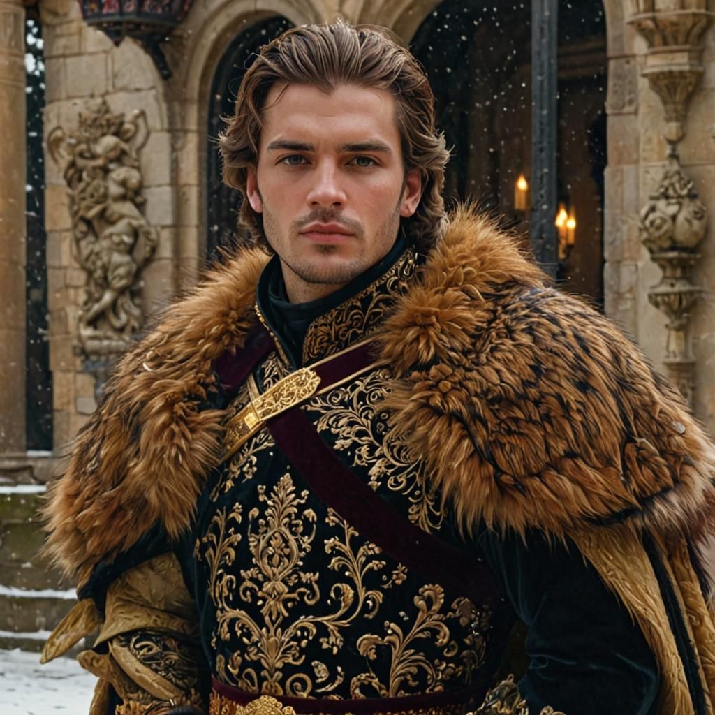 Young King in Winter Courtyard, Majestic Realism