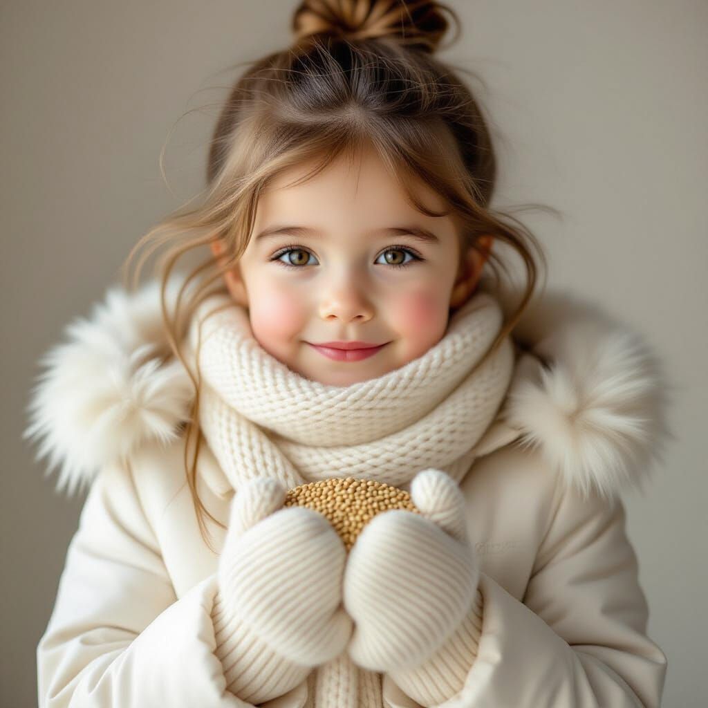 Young Girl in Winter Coat Holds Grain in Mittens