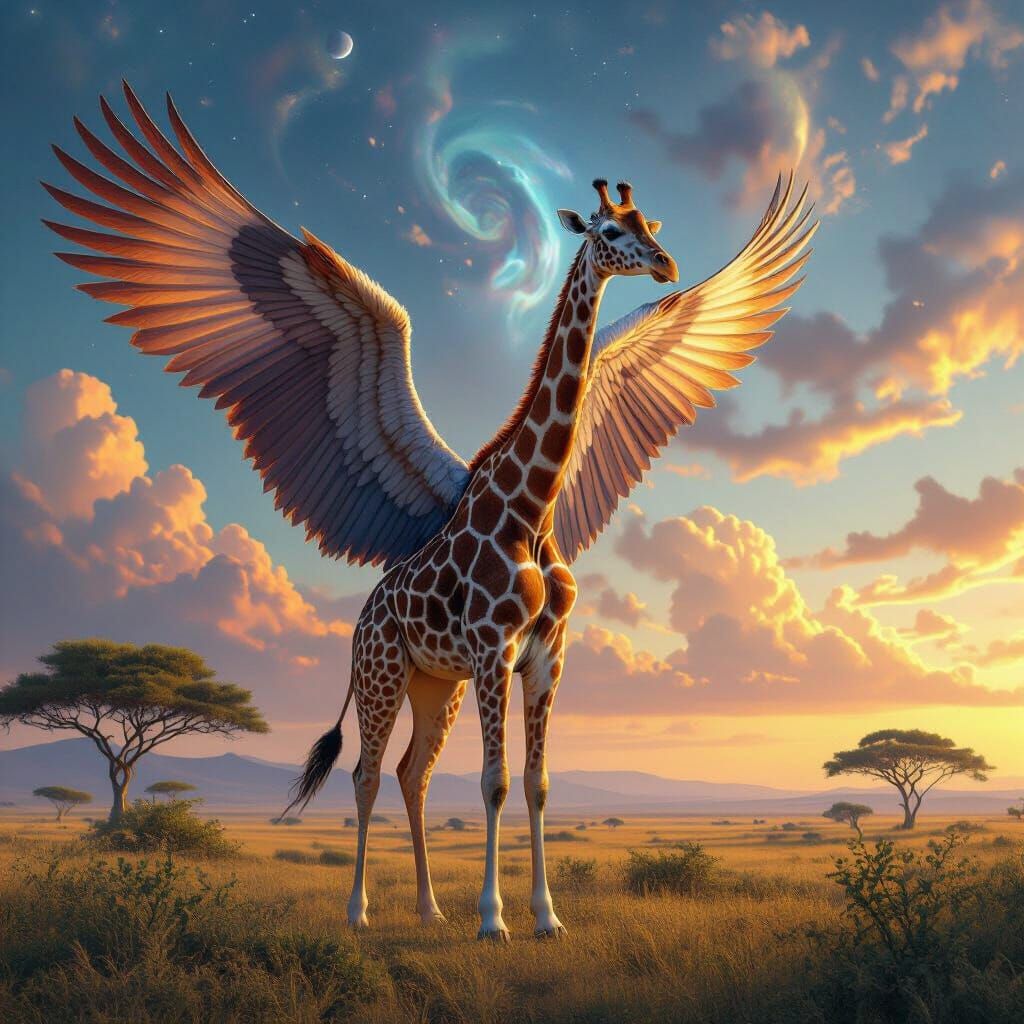 Majestic Winged Giraffe on Alien Savanna