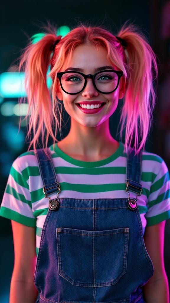 Enthusiastic Geek Girl in Synthwave Neon Retro Style