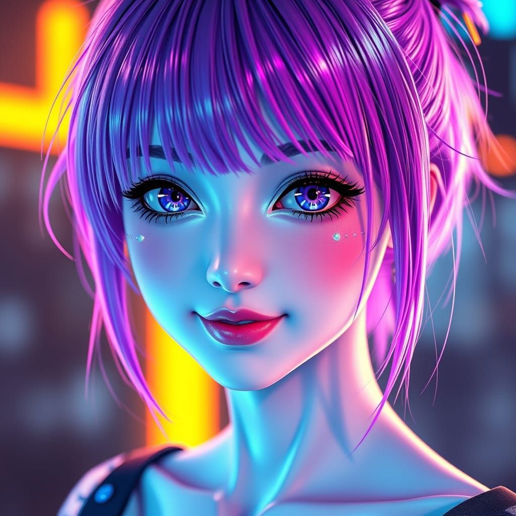 Cyberpunk Anime Girl in Holographic Skin, Neon Hair, and Cin...