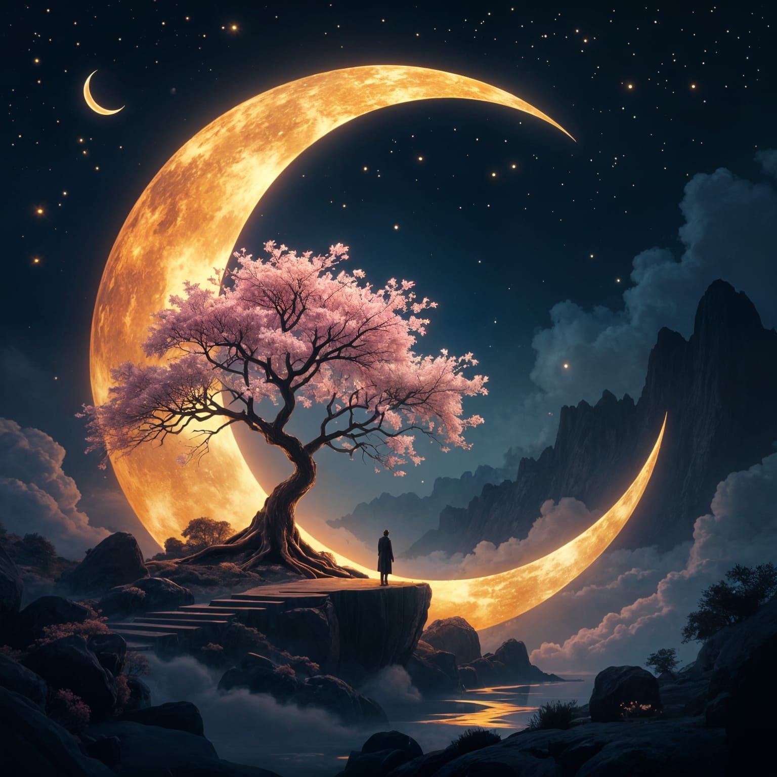Surreal Golden Crescent Moon with Luminous Tree and Lone Fig...