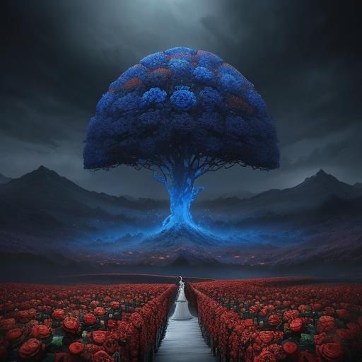 Coral Number with Wedding Bands and Blue Roses