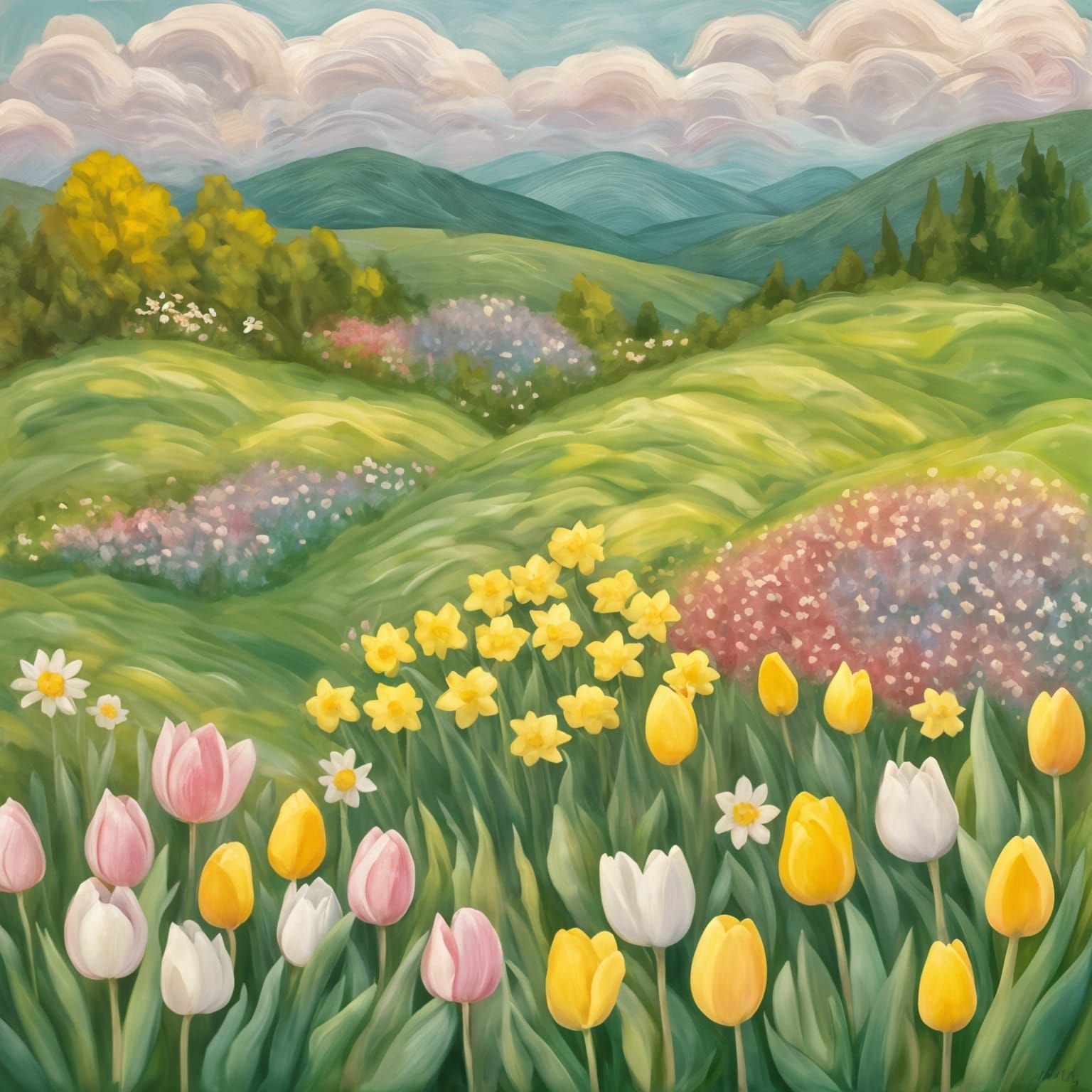 Spring Flowers on Rolling Green Hill as Impasto Painting