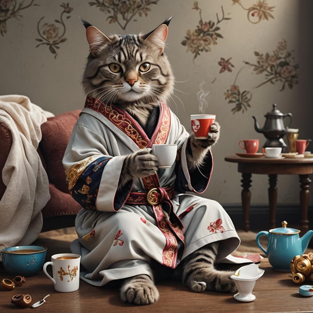 Cat in Robe Drinking Coffee: Hyperrealistic Art