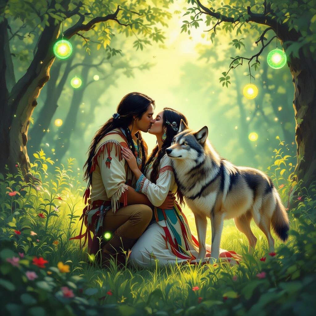 Native American Couple Kissing in Mystical Forest