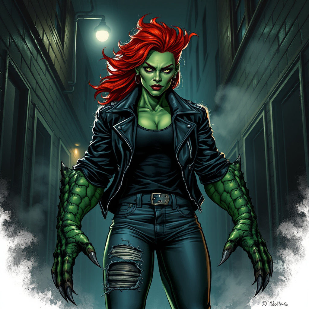 Powerful Green Woman in City Alleyway, Comic Book Art