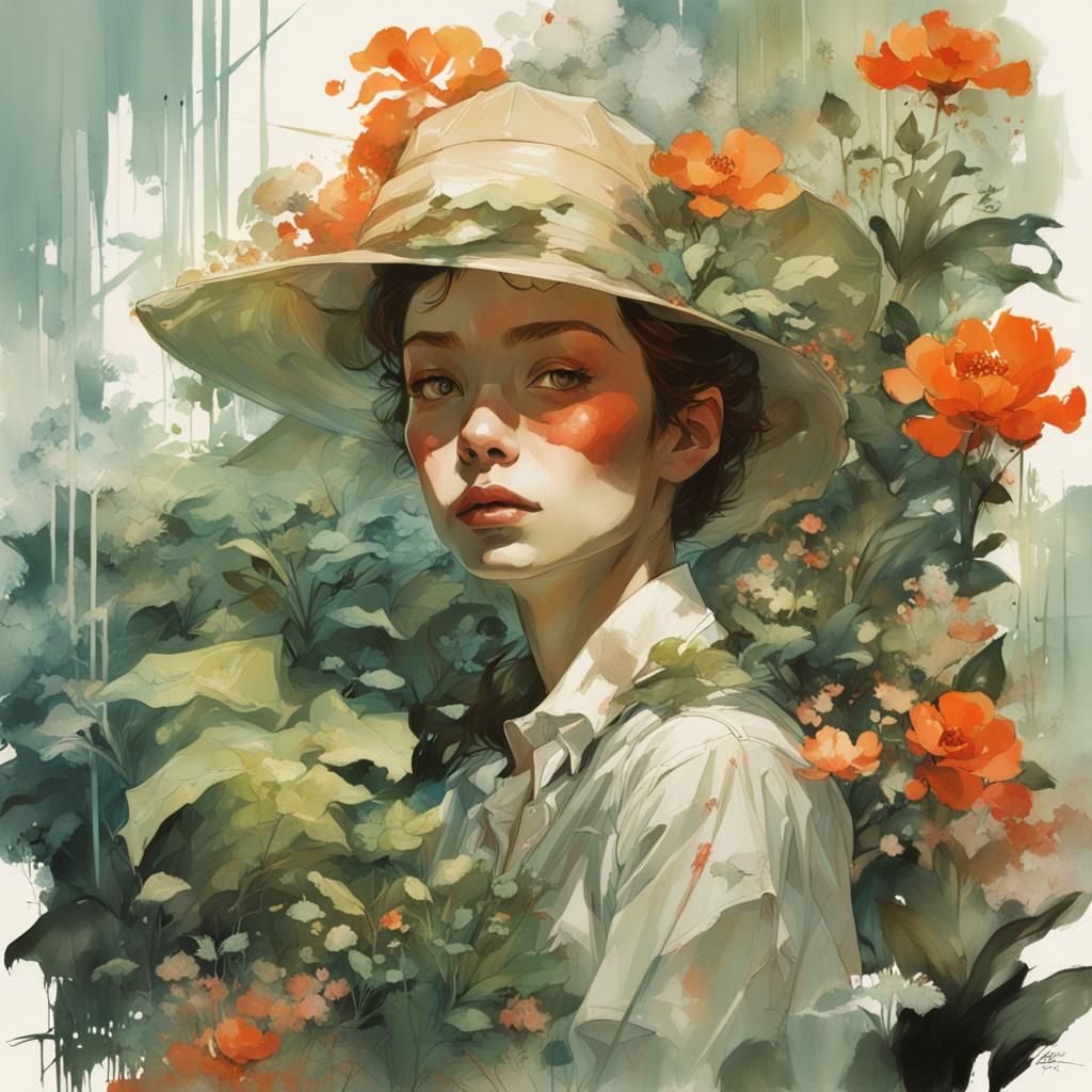 Detailed Double Exposure Botanical Illustration in Golden Ag...