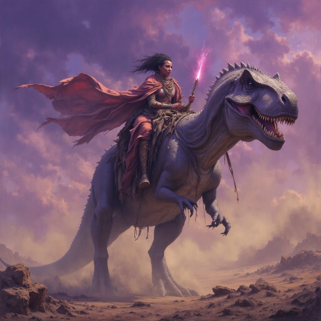 African Queen Rides T-Rex in Post-Apocalyptic Wasteland