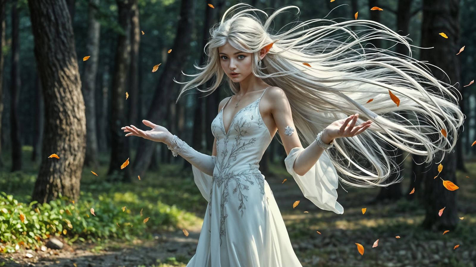 Elven Woman Controls Wind in Forest Clearing
