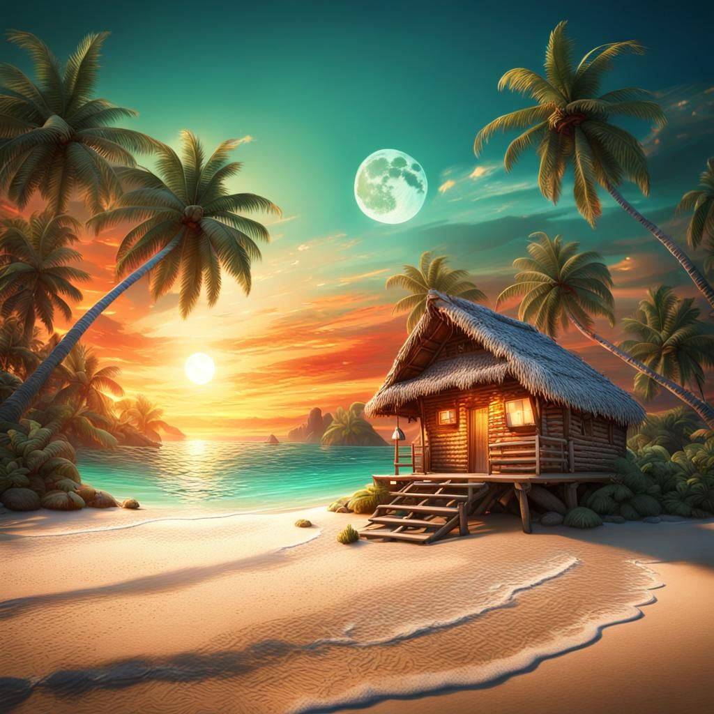 Tropical Beach Sunset with Hut: Fantasy Art