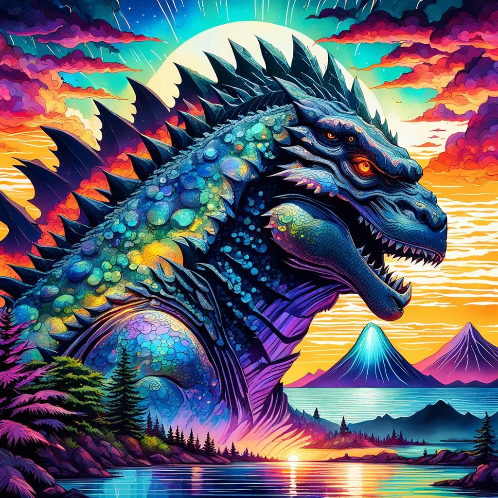 Godzilla Silhouetted at Sunset: Holographic Illustration