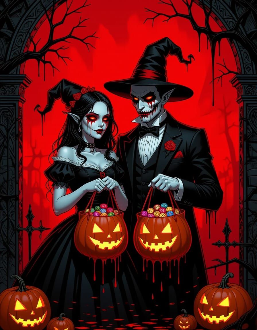Gothic Halloween Couple Illustration in Blood Red Glow