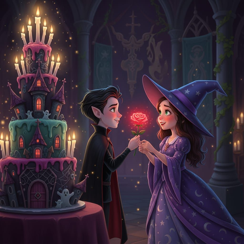 Vampire Boy Gifts Rose to Witch Girl in Romantic Animation S...