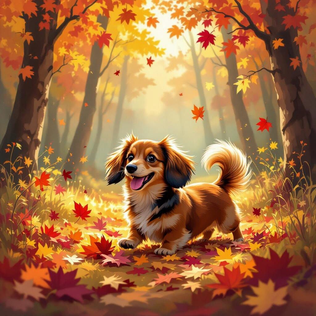 Adorable Dachshund Plays in Autumn Forest