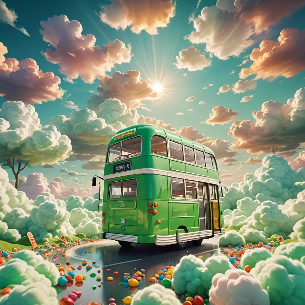 Green Bus in Clouds: Candy Art Illustration