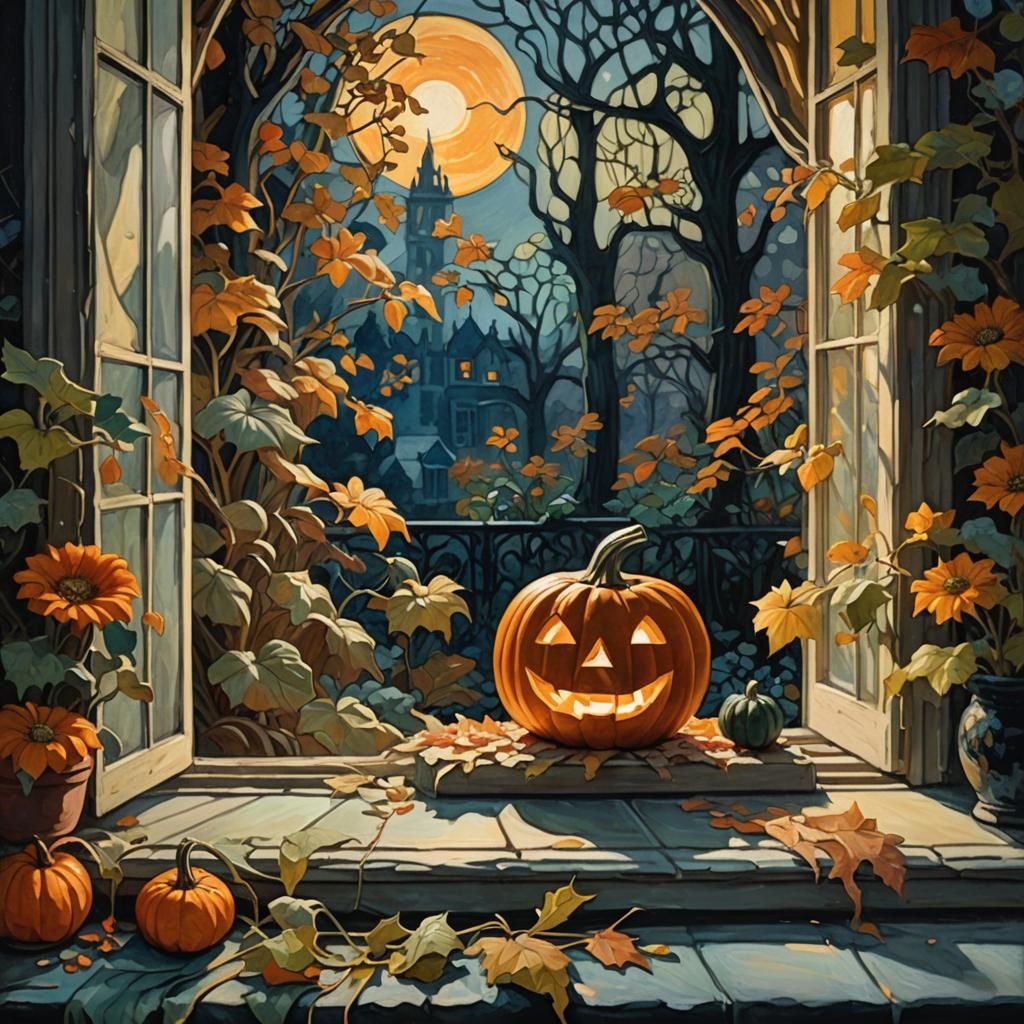 Art Nouveau Pumpkin on a Windowsill at Night