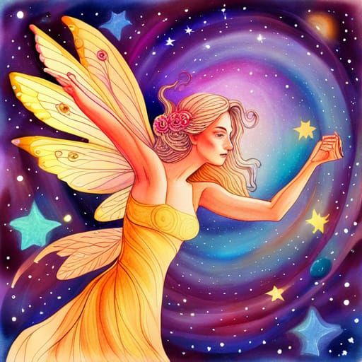 Cosmic Fairy Dancing Under Stars in Mixed Media