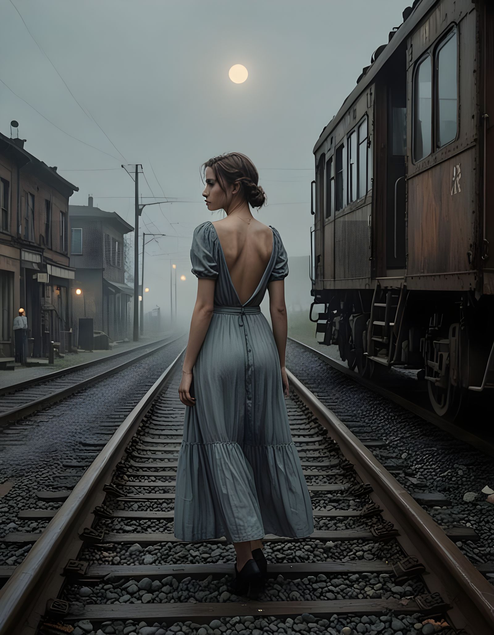 Gloomy, Foggy Night Scene in the Style of Paul Delvaux