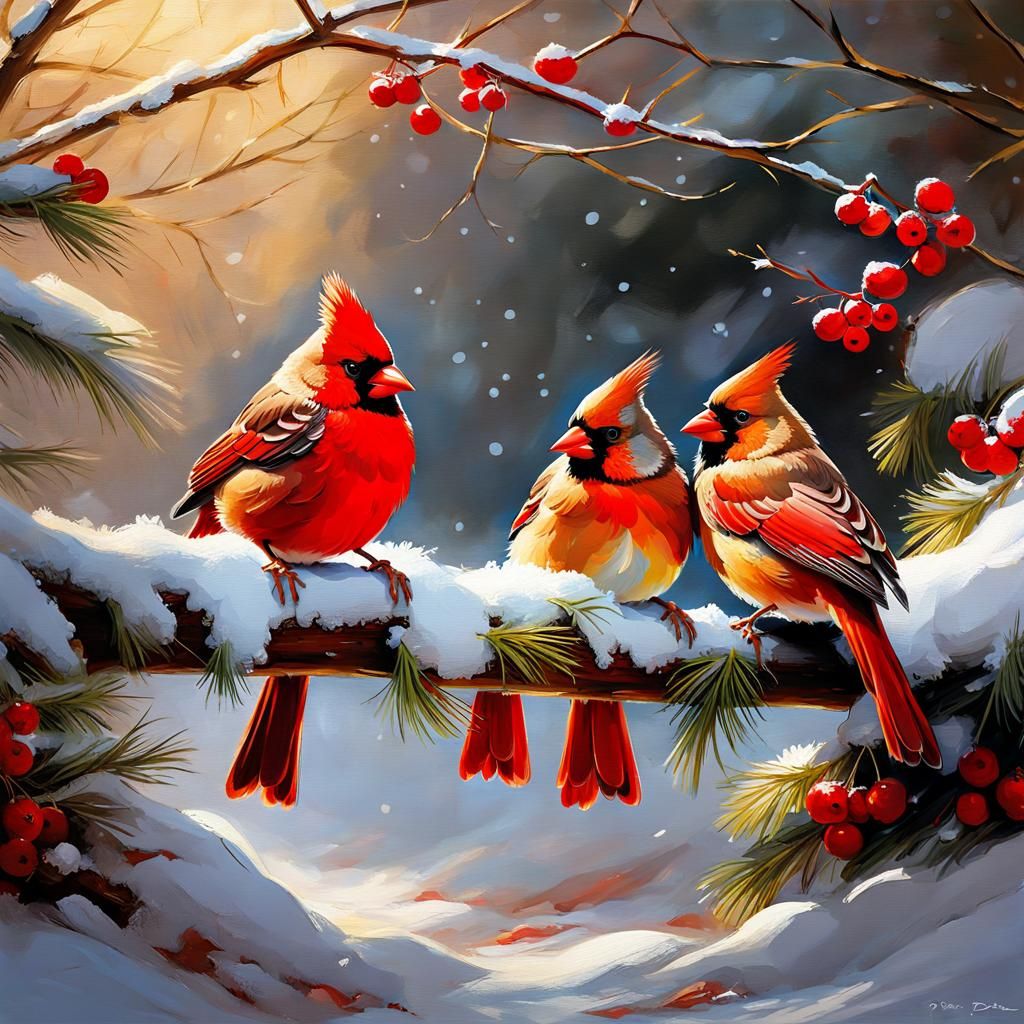 Red Cardinal Family Perched on Snowy Branch
