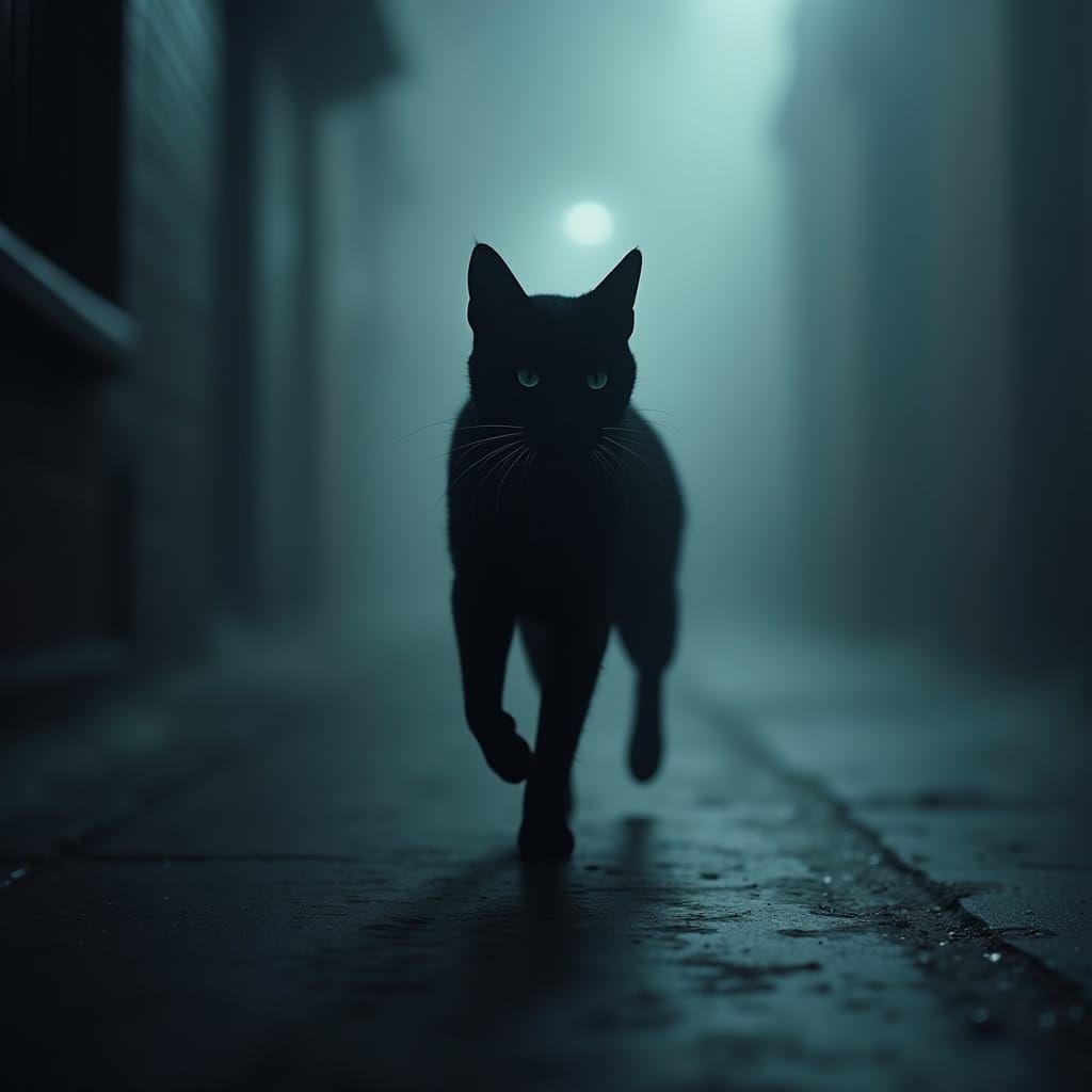 Sleek Black Cat Running Through Foggy Street
