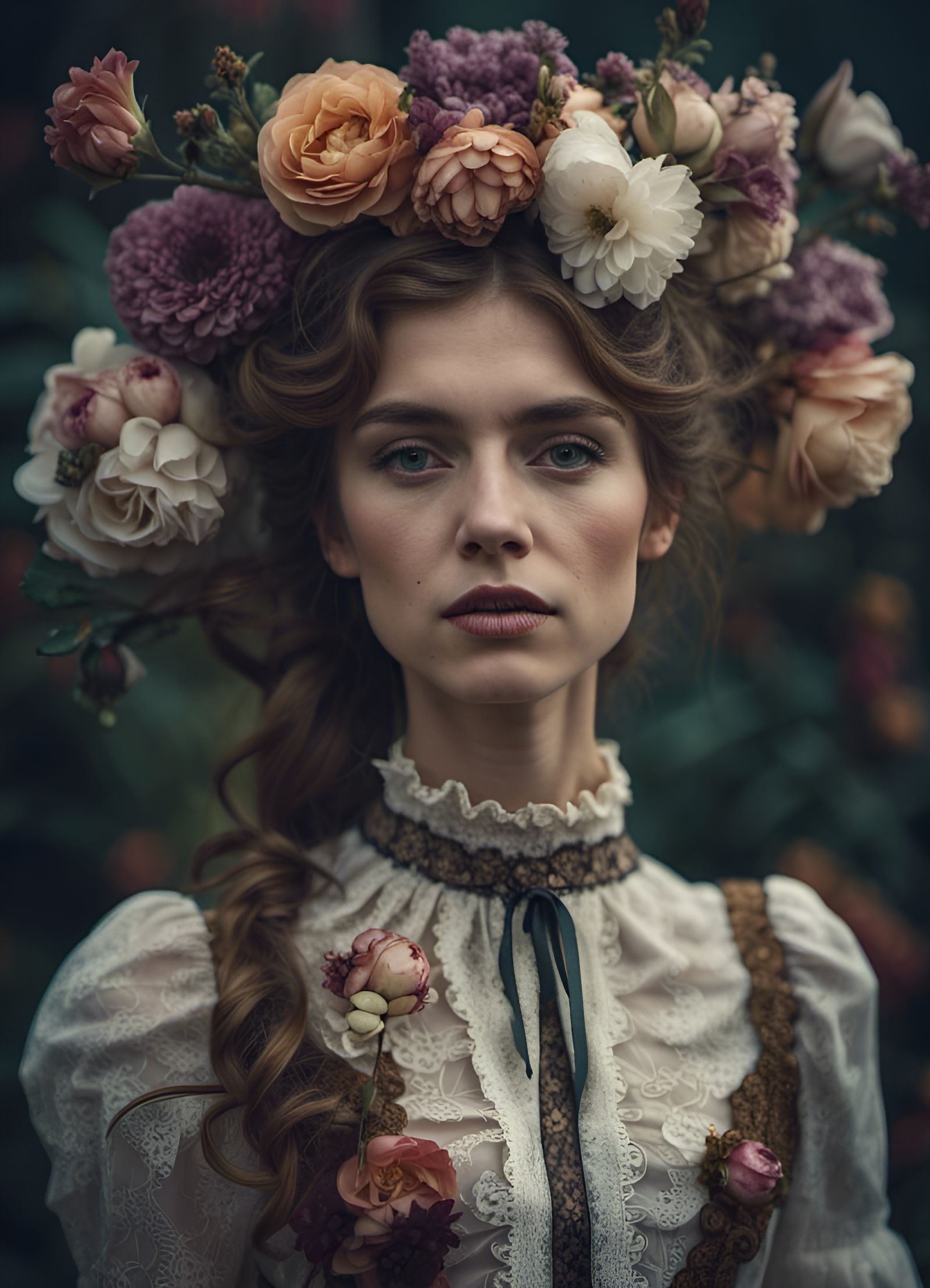 Victorian Era Model Surrounded by Flowers