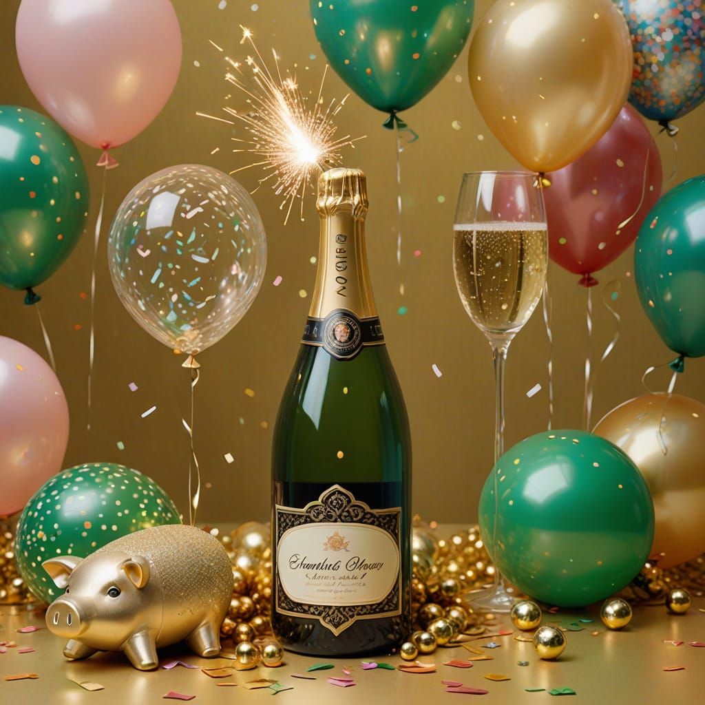 Festive Champagne Still Life in Whimsical Dreamlike Style