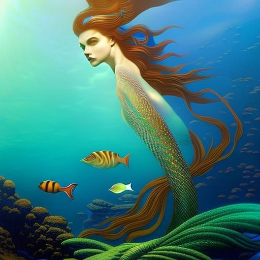 Futuristic Art Nouveau Mermaid on Coral Throne