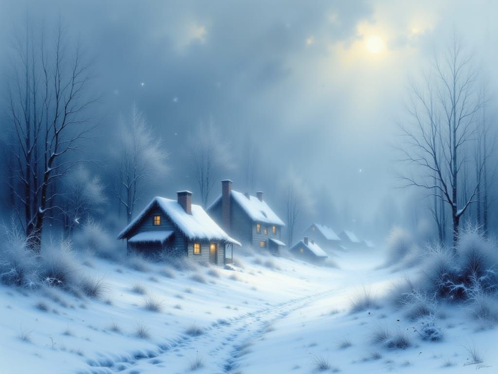 Snowstorm Village in Deep Winter Landscape