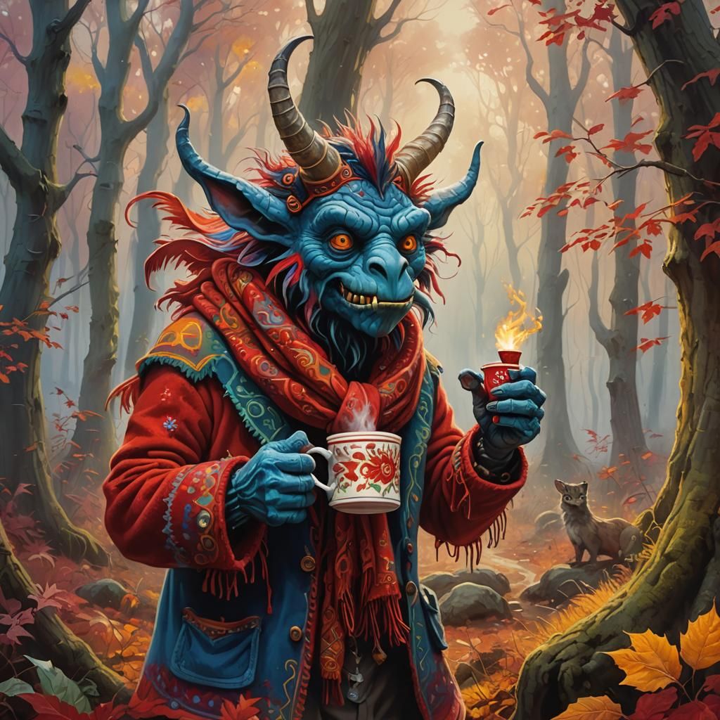 Alebrije Monster Coffee Break in Autumn Forest