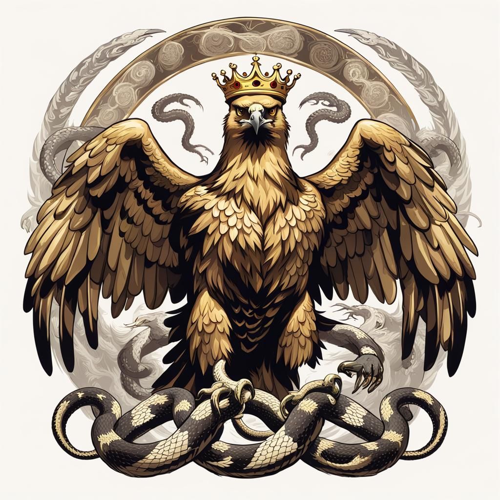 Victorious Golden Eagle with Snakes and Crown