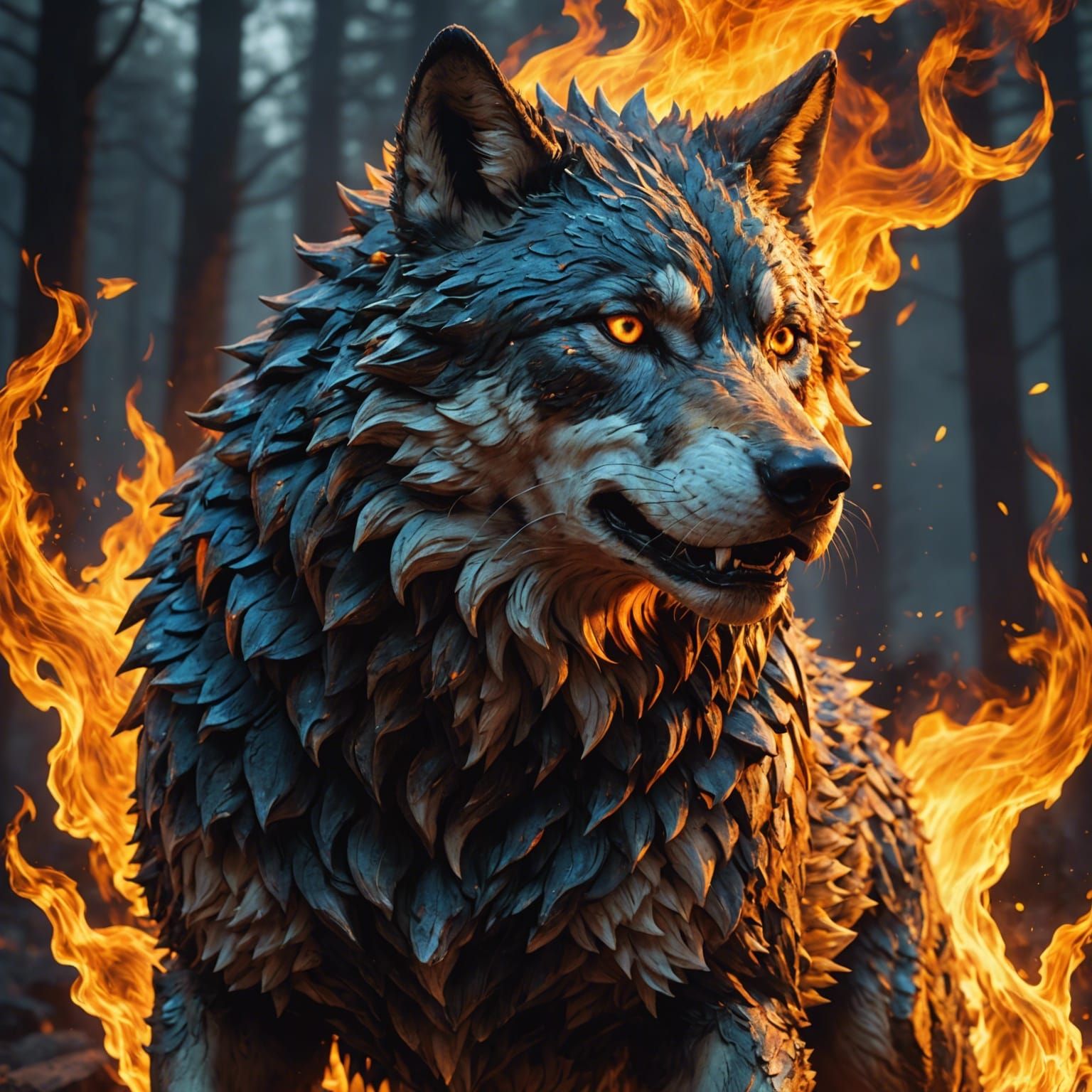 Fiery Wolf Absorbing Power in Hyperrealistic Style