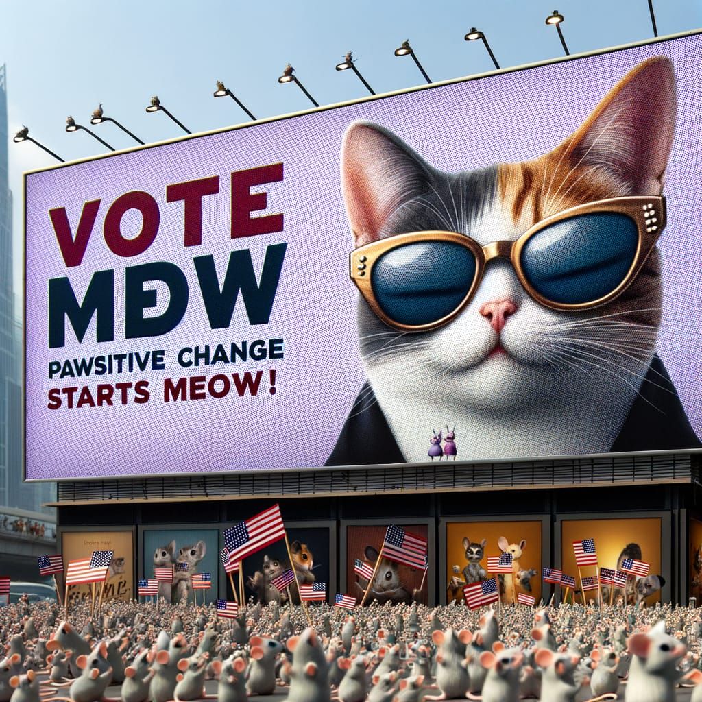 Feline Politician Campaign Billboard in Vibrant Colors
