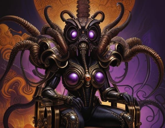 Insect Cyborg Queen on Coral Throne in Silkpunk Style